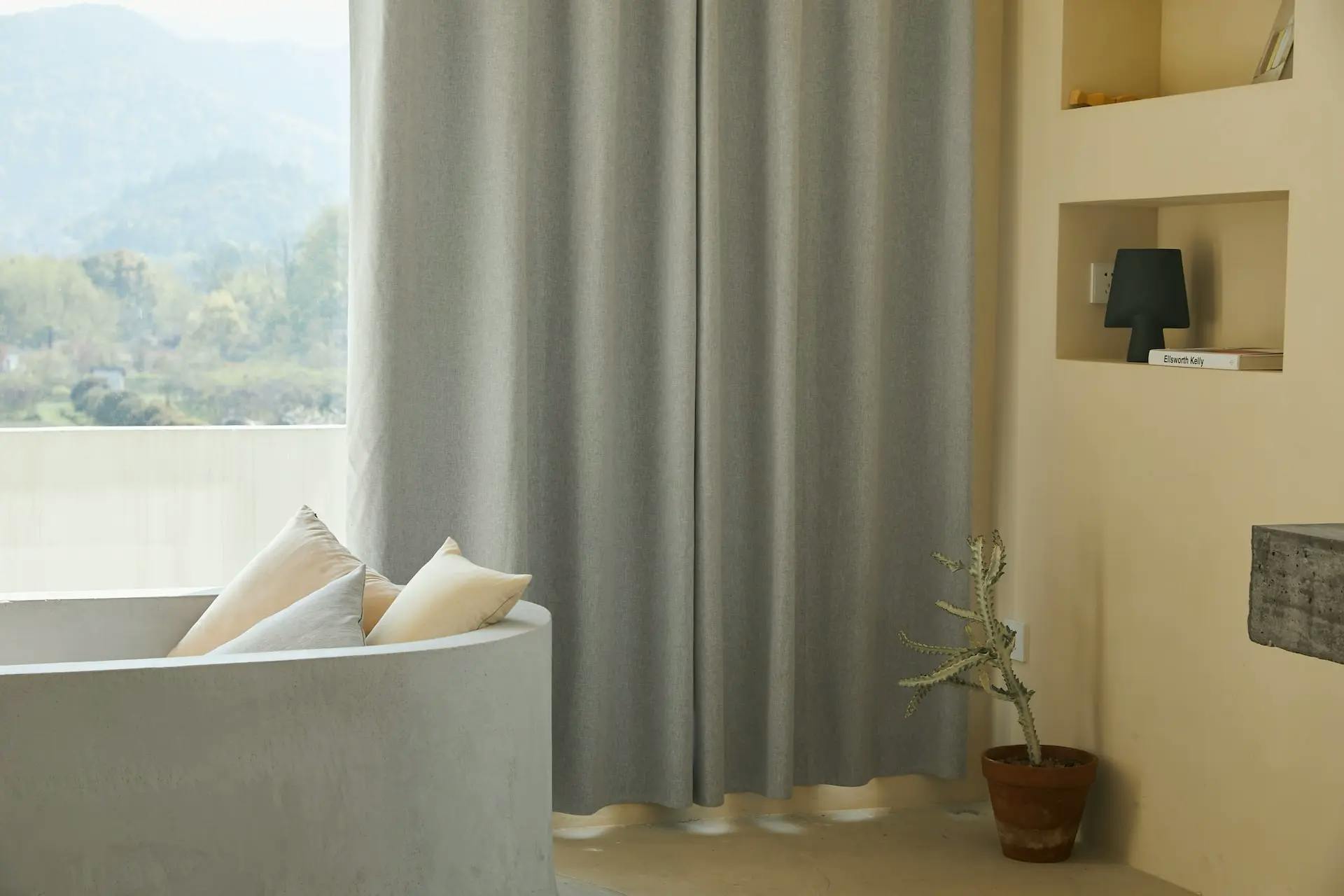 A room with curtains